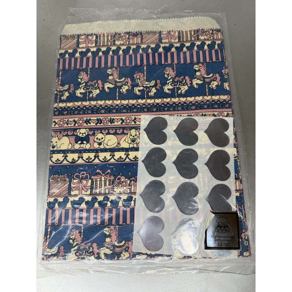 Vintage Deadstock Teddy Bear Cats Carousels Gift Bags With Stickers Cottagecore
